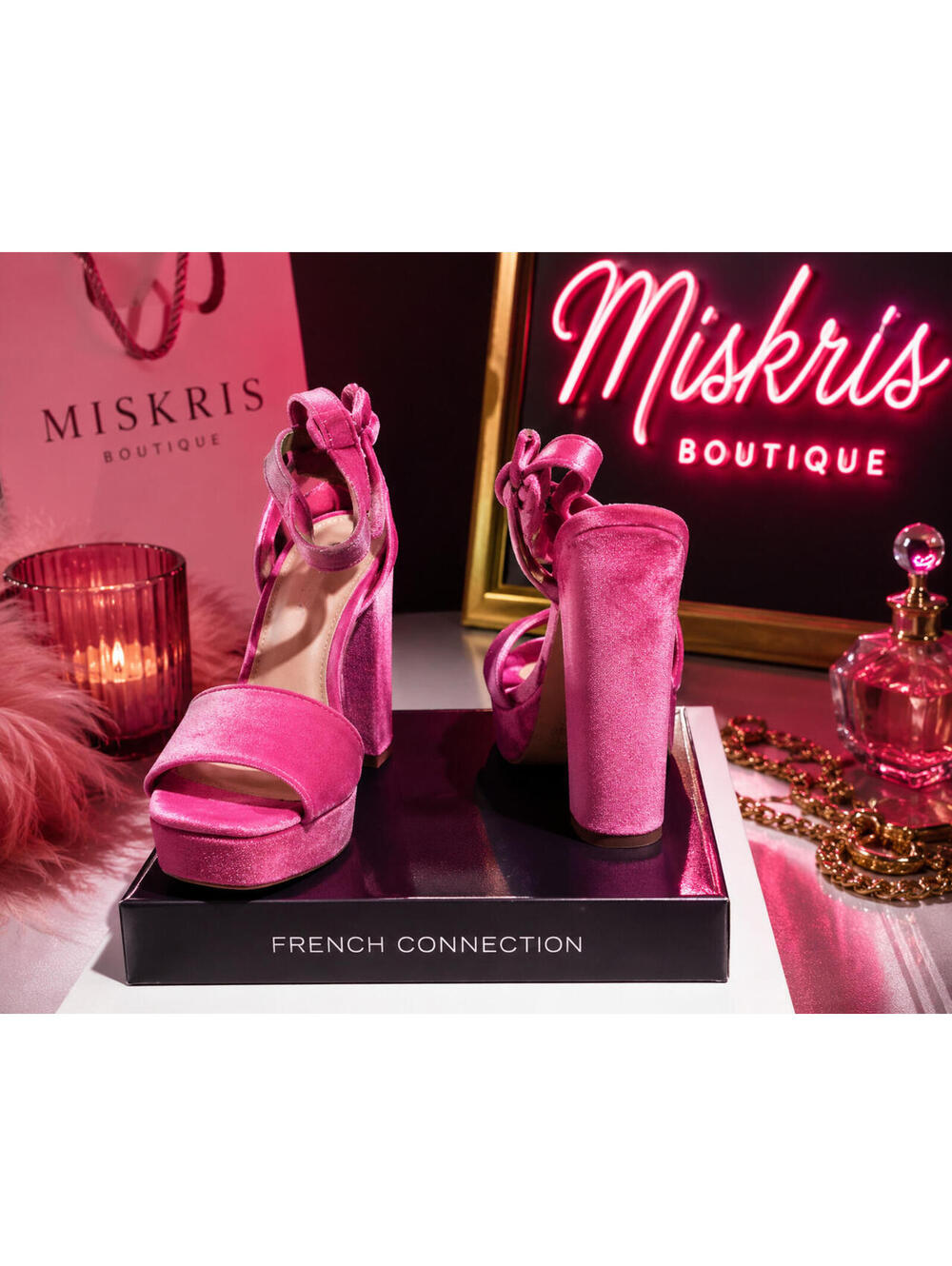 French Connection Pink Velvet Platform Heels Ankle Strap Sandals Size 8.5 EU39